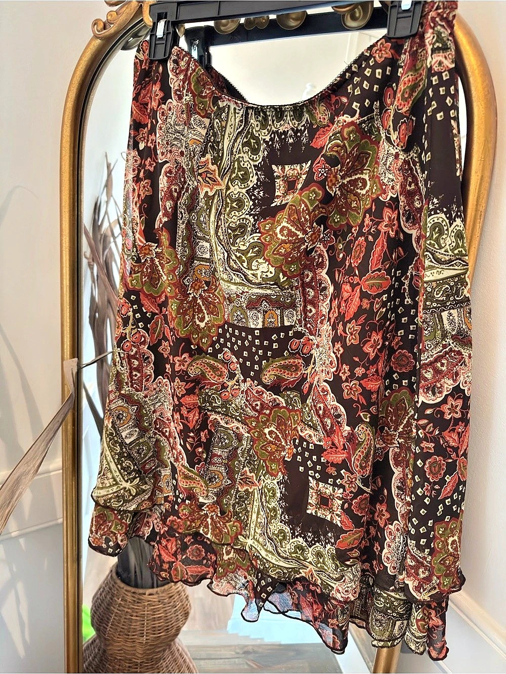 Vintage Brown Paisley Floral Midi Skirt Boho Y2K 90s Cottagecore Fall
